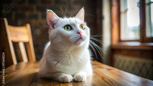 A sleek white cat sits perched on a weathered wooden table, its piercing green eyes fixed intently on