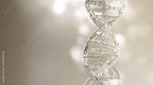 81. Detailed 3D illustration of a DNA strand suspended inside a transparent glass, set against a clean, neutral background, highlighting the intricate double helix structure