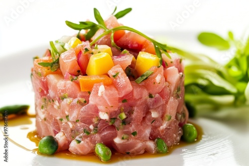 A close-up of a delicious Tuna Tartare with fresh herbs and mango, served on a white plate. The dish is made with diced tuna, mango, red onion, avocado, and herbs.