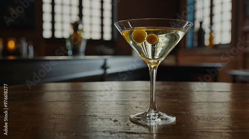 Martini in a cocktail glass on wooden table