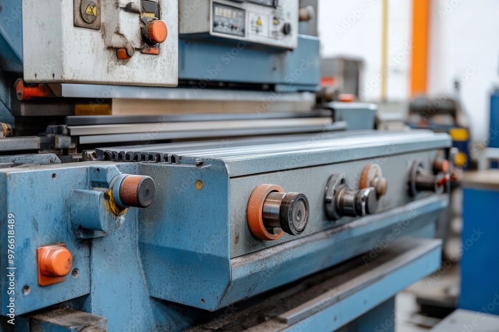 A close-up of a powerful industrial planer machine, showcasing its robust construction, precision controls, and industrial strength. This machine is designed for high-volume production in factories an A close-up of a powerful industrial planer machine, showcasing its robust construction, precision controls, and industrial strength. This machine is designed for high-volume production in factories an