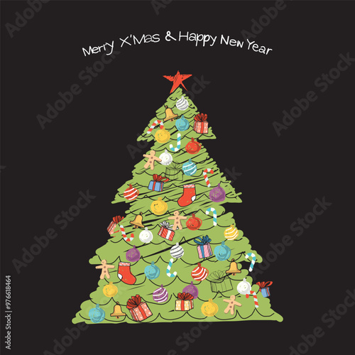 Colorful Christmas tree hand drawn childish style on black background graphic illustration. Merry Christmas and Happy New Year greeting card square template.