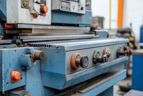 A close-up of a powerful industrial planer machine, showcasing its robust construction, precision controls, and industrial strength. This machine is designed for high-volume production in factories an