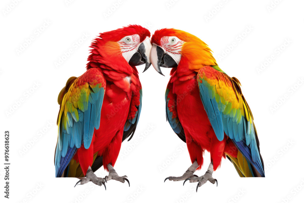 A pair of macaws interacting, with one grooming the other, highlighting their social behavior and intricate feather patterns isolated on white background A pair of macaws interacting, with one grooming the other, highlighting their social behavior and intricate feather patterns isolated on white background