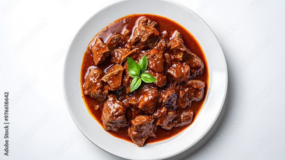 Delicious beef stew in rich tomato sauce with fresh basil garnish on white plate Delicious beef stew in rich tomato sauce with fresh basil garnish on white plate