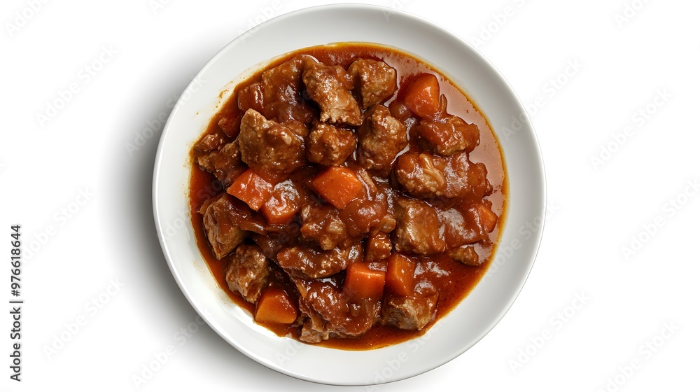 Savory beef stew with carrots in rich gravy on a white plate Savory beef stew with carrots in rich gravy on a white plate