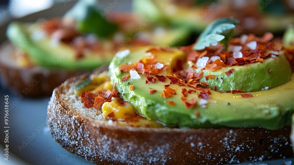 89. Delicious avocado toast adorned with chili flakes and sea salt, presented in a close-up shot that highlights the freshness and contrasting textures of the toppings 89. Delicious avocado toast adorned with chili flakes and sea salt, presented in a close-up shot that highlights the freshness and contrasting textures of the toppings
