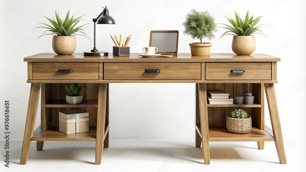 Fototapeta premium A solitary wooden desk features drawers, shelves, and decorative accents against a crisp white backdrop, exuding a