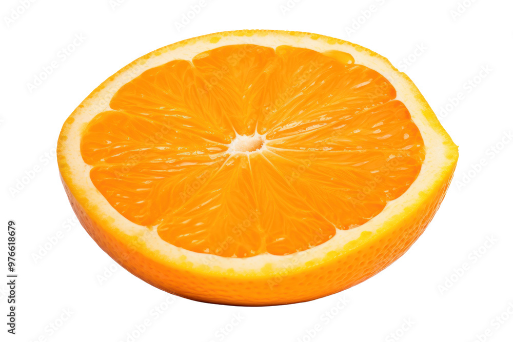 A close-up of a freshly cut orange showing the juicy interior and rich color, isolated on white background