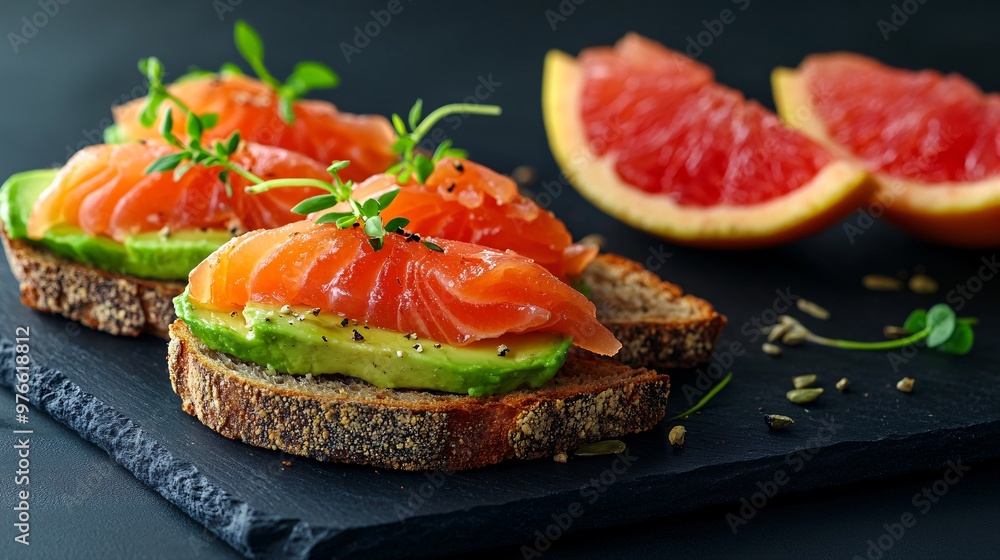 92. Gourmet presentation of three pieces of bread with salmon and avocado toppings, set on a dark background, accompanied by a halved grapefruit for a vibrant touch 92. Gourmet presentation of three pieces of bread with salmon and avocado toppings, set on a dark background, accompanied by a halved grapefruit for a vibrant touch