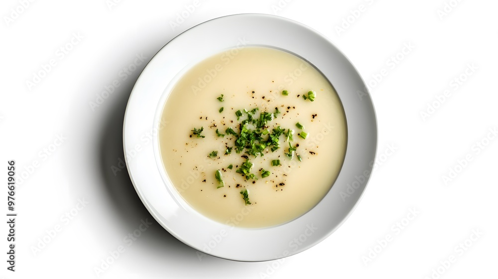 Creamy potato soup garnished with fresh parsley and black pepper in white bowl Creamy potato soup garnished with fresh parsley and black pepper in white bowl