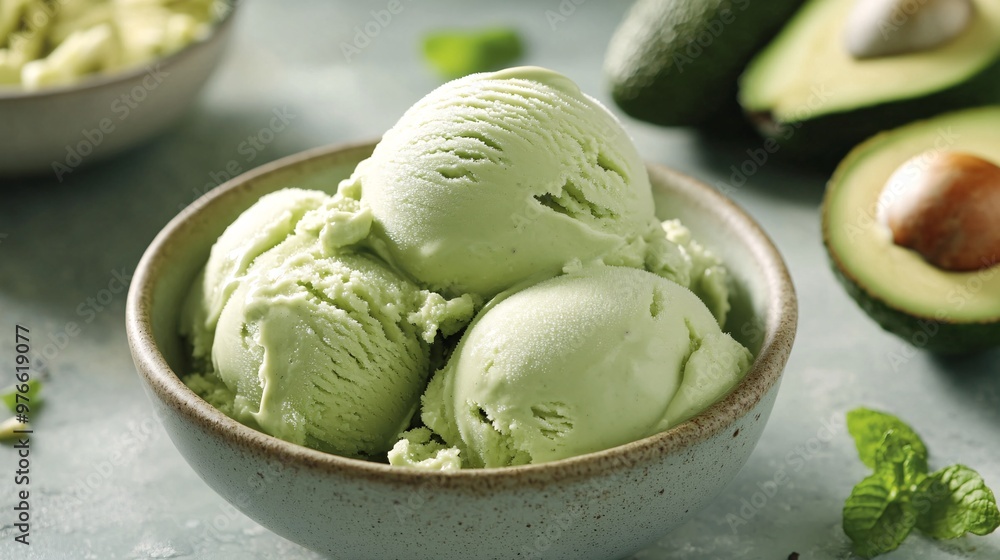 97. Close-up of South African avocado ice cream served with fresh avocados, emphasizing the smooth, creamy texture and the natural green hues of the ingredients 97. Close-up of South African avocado ice cream served with fresh avocados, emphasizing the smooth, creamy texture and the natural green hues of the ingredients