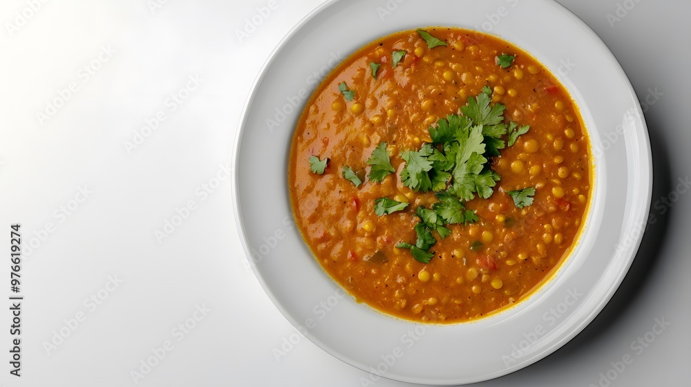 Hearty lentil soup garnished with fresh cilantro in white bowl on minimalist background Hearty lentil soup garnished with fresh cilantro in white bowl on minimalist background