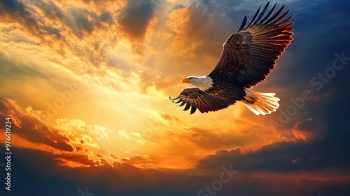 Wallpaper Mural Bald eagle soaring through a dramatic sunset sky. Torontodigital.ca
