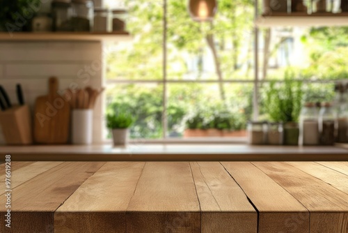 Wallpaper Mural Brown wood table top over blurred kitchen counter interior background with window, ai Torontodigital.ca