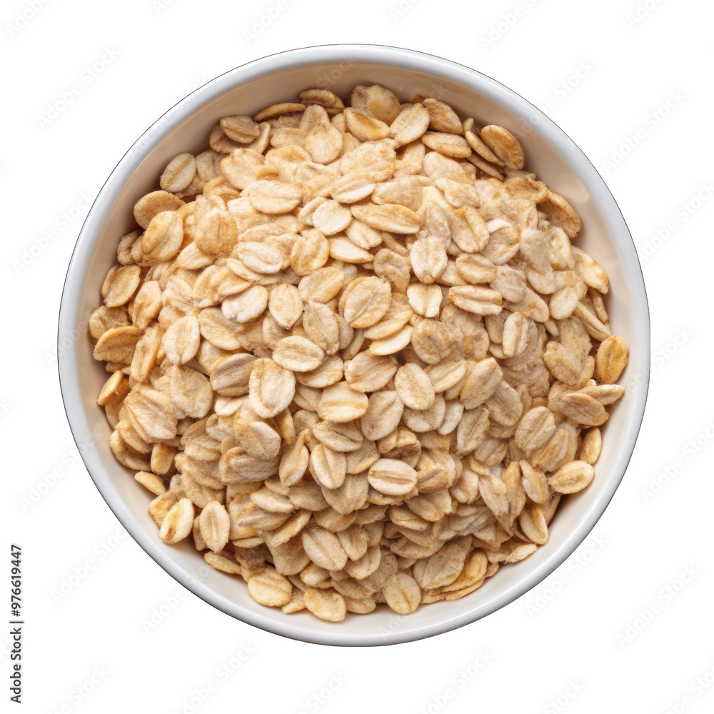 Oat flakes on white bowl top view isolated on transparent background Oat flakes on white bowl top view isolated on transparent background