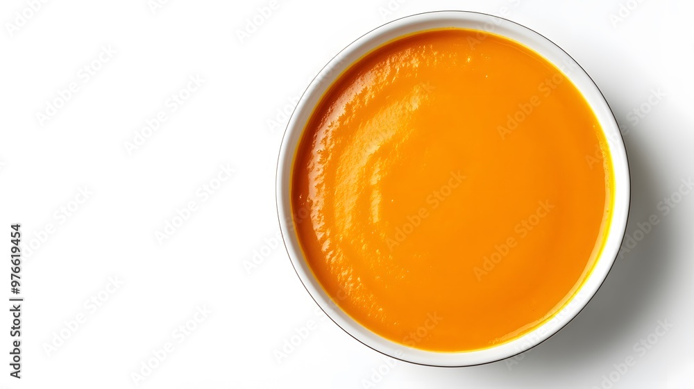 Creamy pumpkin soup in white bowl on minimalist white background Creamy pumpkin soup in white bowl on minimalist white background