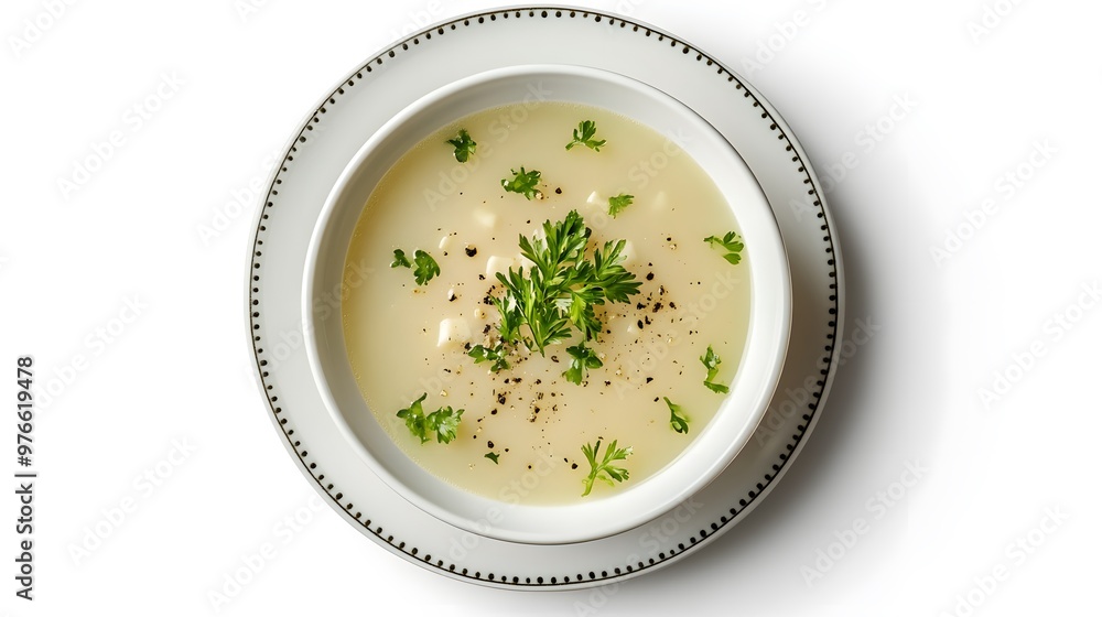 Creamy potato soup garnished with fresh herbs in elegant white bowl Creamy potato soup garnished with fresh herbs in elegant white bowl