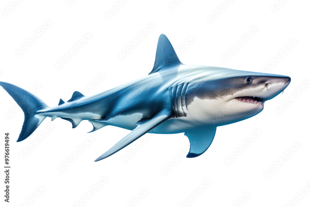 Fototapeta premium A majestic shark swimming gracefully in clear blue water. Isolated on white background