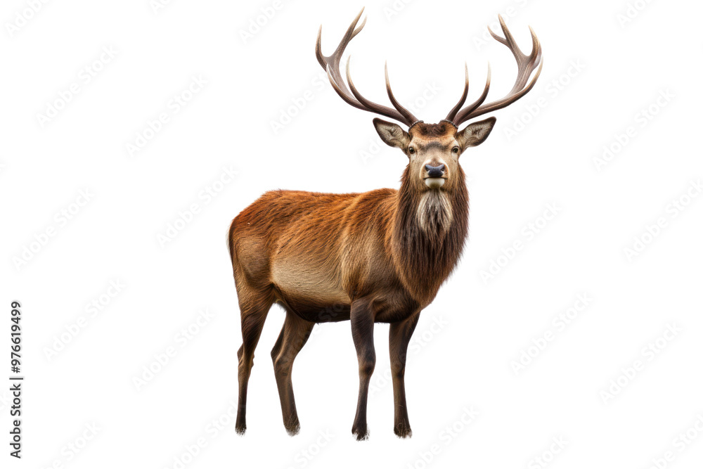 Fototapeta premium A majestic red deer stag with large antlers standing proudly isolated on white background