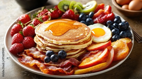 Breakfast platter with pancakes, bacon, eggs, and fruit.