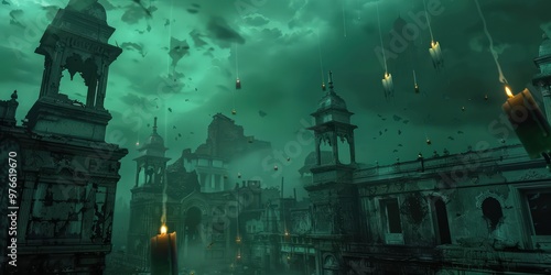 Ghostly cityscape with ancient, haunted buildings under a dark green sky, with eerie, floating candles. Full ultra HD, high resolution --ar 2:1 --no noise --v 6.0 - Image #3 @hamza