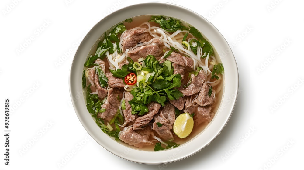 Delicious vietnamese pho with beef, fresh herbs, and lime in a white bowl on white background Delicious vietnamese pho with beef, fresh herbs, and lime in a white bowl on white background