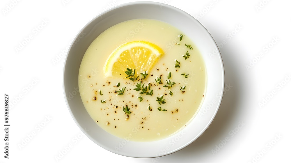 Creamy lemon soup with fresh thyme and black pepper garnish in white bowl Creamy lemon soup with fresh thyme and black pepper garnish in white bowl