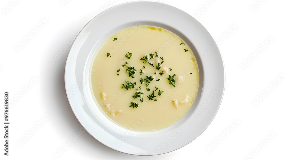 Creamy chicken soup garnished with fresh parsley in a white bowl on a white background Creamy chicken soup garnished with fresh parsley in a white bowl on a white background
