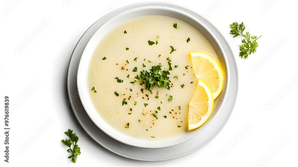 Creamy lemon chicken soup with fresh herbs garnish on white background Creamy lemon chicken soup with fresh herbs garnish on white background