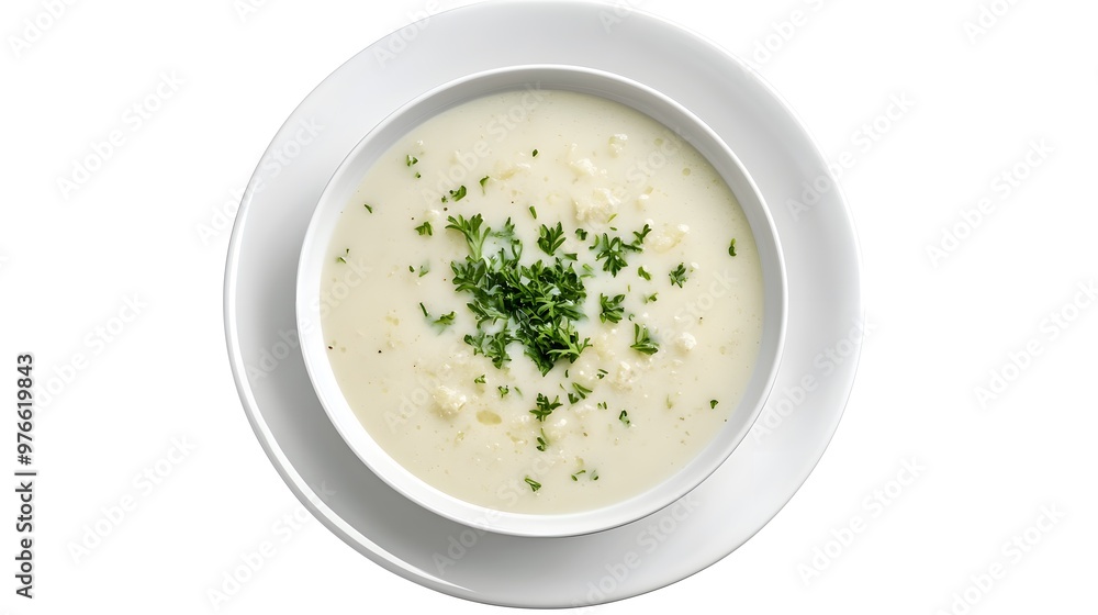 Creamy cauliflower soup garnished with fresh parsley on white background Creamy cauliflower soup garnished with fresh parsley on white background