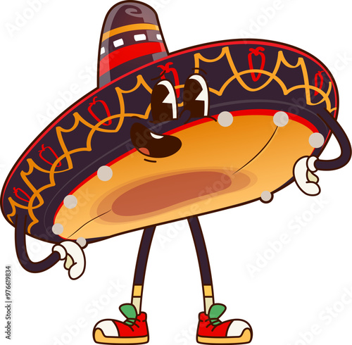 Funny groovy Mexican sombrero hat character. Isolated cartoon vector cheerful, charro cap personage with big smile, wearing sneakers, and standing confidently, symbolizing fun and cultural celebration
