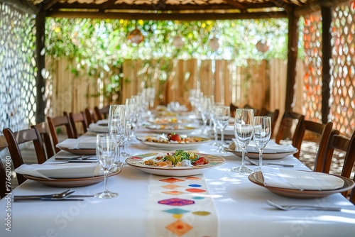 Elegant outdoor dining setup with festive decor photo