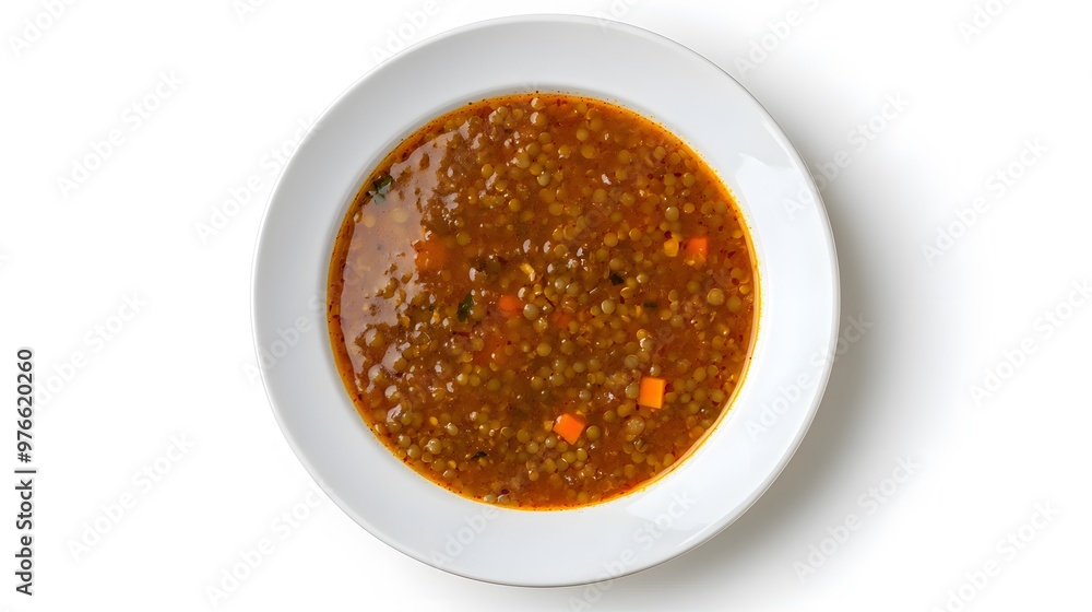 Hearty lentil soup in white bowl on white background Hearty lentil soup in white bowl on white background