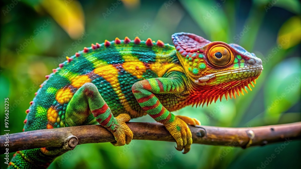 Obraz premium A tiny, emerald-green chameleon adorns a twig, its yellow and red spots glistening as it nestles its tail