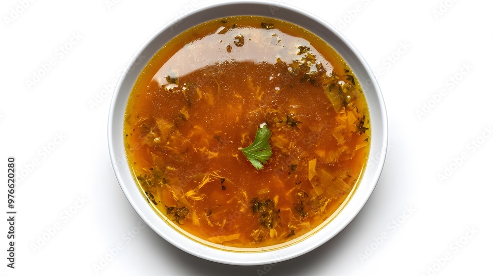 Warm bowl of homemade broth with fresh herbs and clear soup Warm bowl of homemade broth with fresh herbs and clear soup