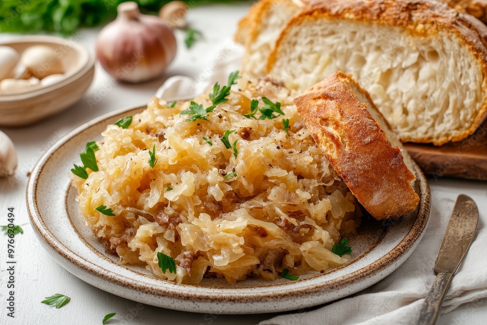 A delicious and hearty German dish featuring sauerkraut cooked with sausage, served with a side of crusty bread. Sauerkraut, sausage, bread, German cuisine, traditional food. A delicious and hearty German dish featuring sauerkraut cooked with sausage, served with a side of crusty bread. Sauerkraut, sausage, bread, German cuisine, traditional food.