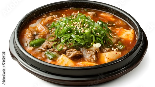 Spicy korean kimchi stew with tofu and vegetables