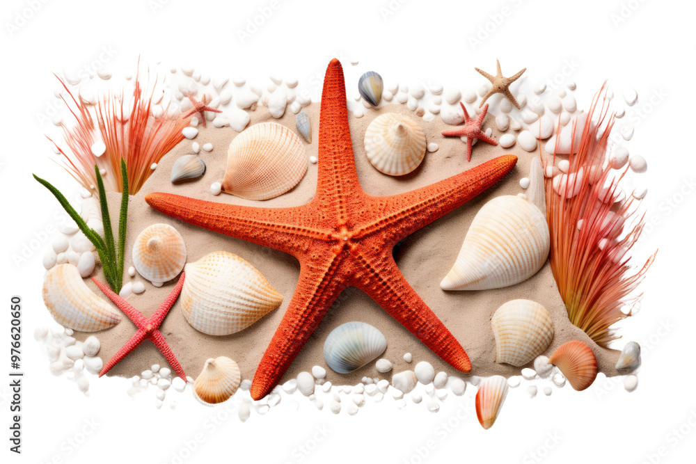 A high-resolution image featuring a starfish with a textured surface, isolated on white background A high-resolution image featuring a starfish with a textured surface, isolated on white background