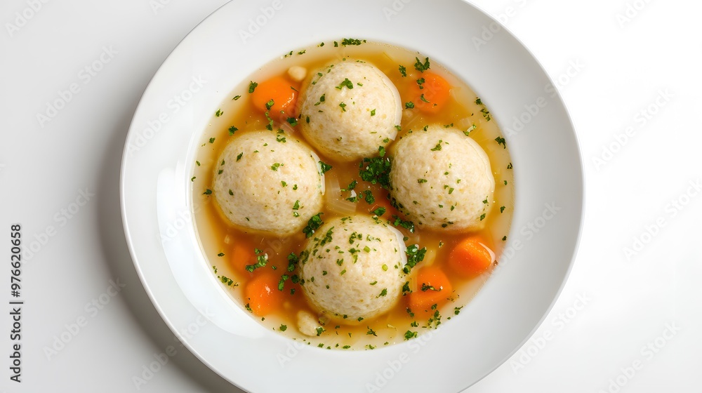 Traditional jewish matzo ball soup with carrots and herbs on white plate Traditional jewish matzo ball soup with carrots and herbs on white plate
