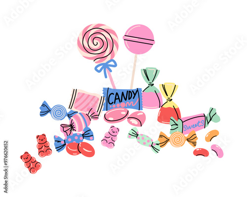 Sweets and candy. Chocolate bars, caramel, toffee, different lollipop on sticks, marmalade bears. Confectionery shop elements. Christmas and birthday kids present cartoon flat isolated illustration