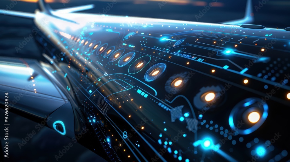 Futuristic Airplane with Glowing Blue and Orange Lights Futuristic Airplane with Glowing Blue and Orange Lights