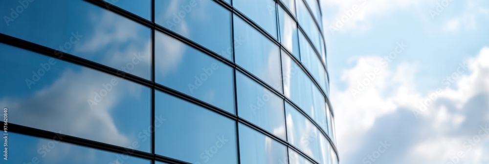 A modern glass facade building with reflective windows showing the blue sky and clouds, symbolizing contemporary architecture and transparency in urban environments. A modern glass facade building with reflective windows showing the blue sky and clouds, symbolizing contemporary architecture and transparency in urban environments.