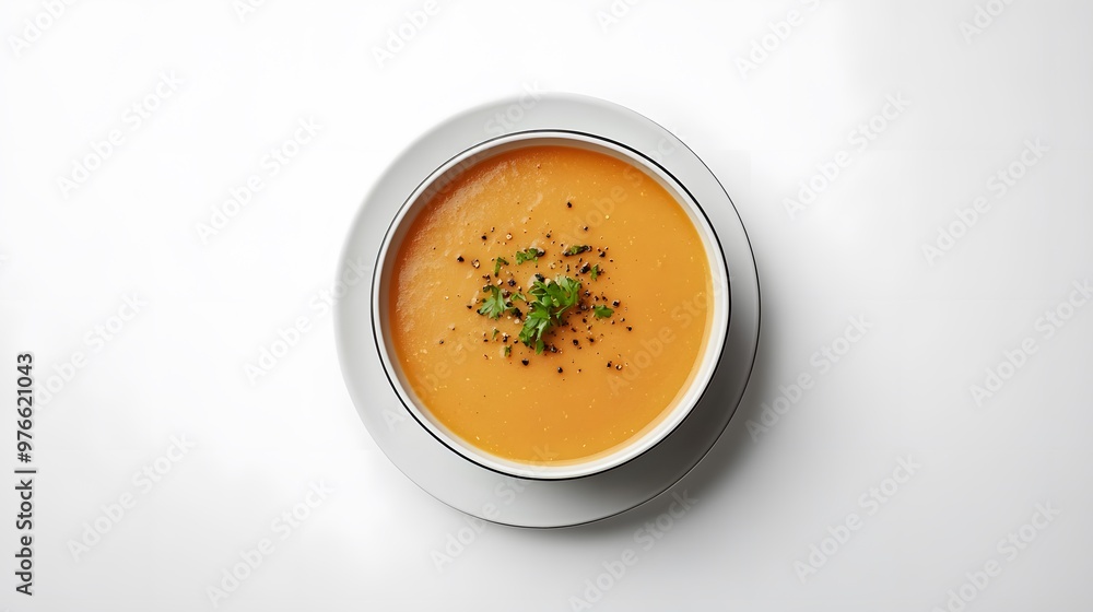 Creamy pumpkin soup with herbs and black pepper in white bowl Creamy pumpkin soup with herbs and black pepper in white bowl