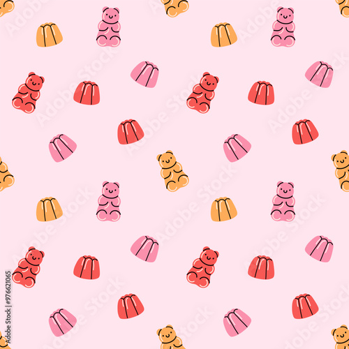 Marmalade bear seamless pattern. Sweets and candy. Different confectionery textile, wrapping paper, wallpaper design. Print christmas and birthday kids present cartoon flat background