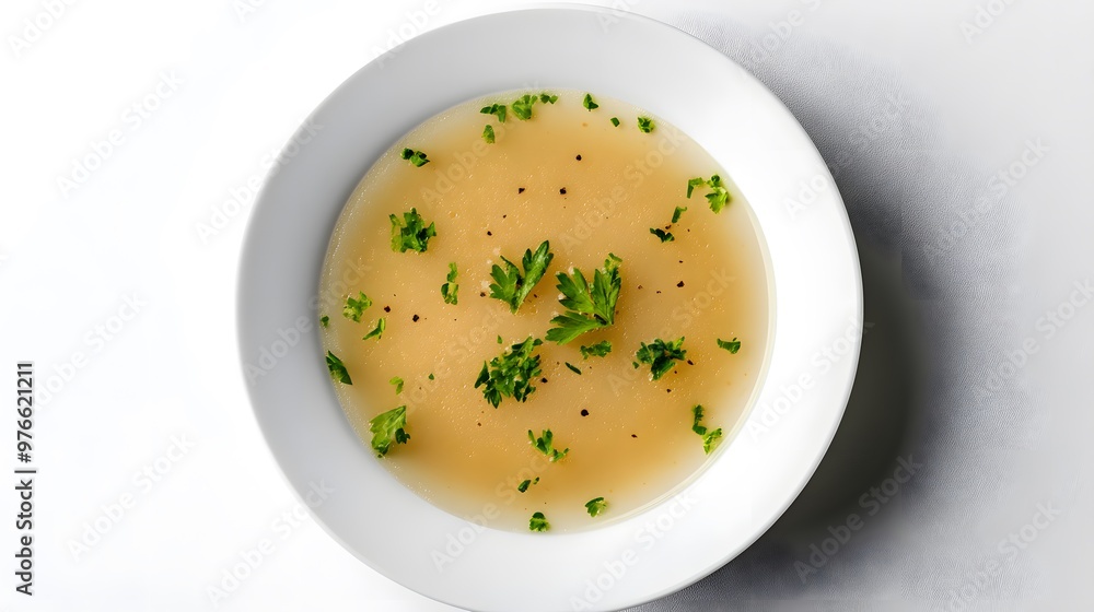 Delicious chicken broth with fresh herbs in white bowl on minimalist background Delicious chicken broth with fresh herbs in white bowl on minimalist background