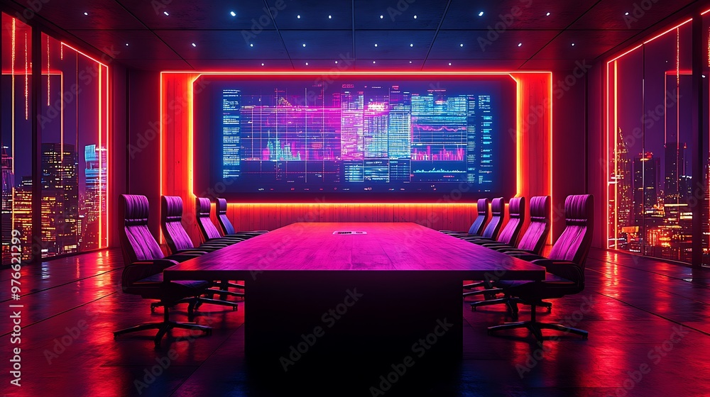 Modern futuristic conference room with a large screen displaying data and a city view at night. Modern futuristic conference room with a large screen displaying data and a city view at night.