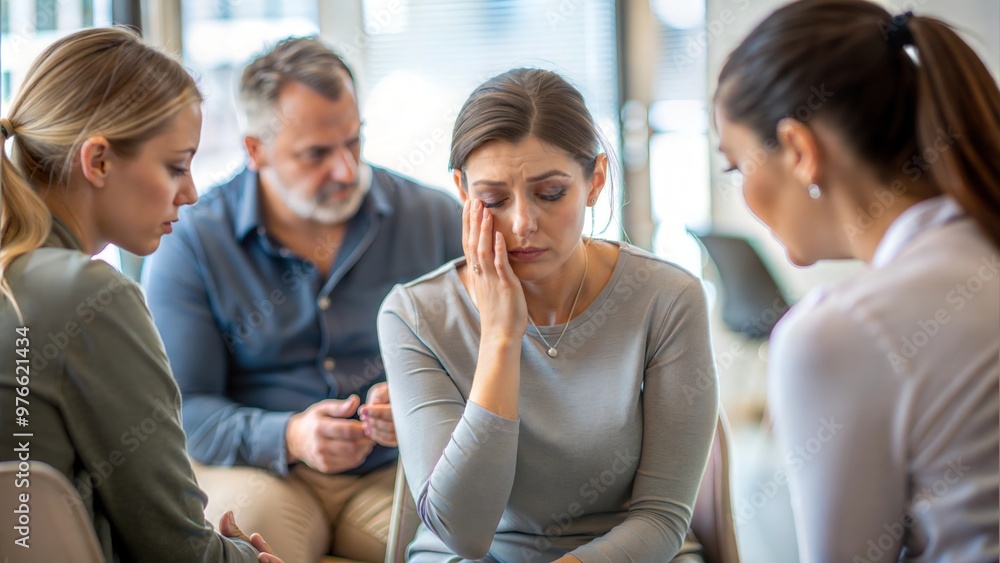 Obraz premium Distraught Woman in Community Support Group