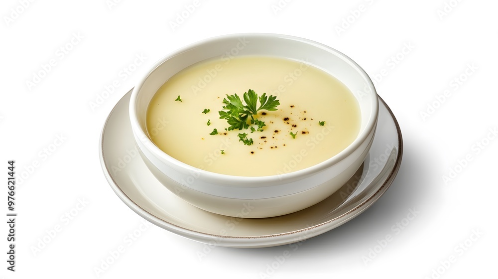 Creamy potato soup garnished with fresh herbs and black pepper in a white bowl Creamy potato soup garnished with fresh herbs and black pepper in a white bowl