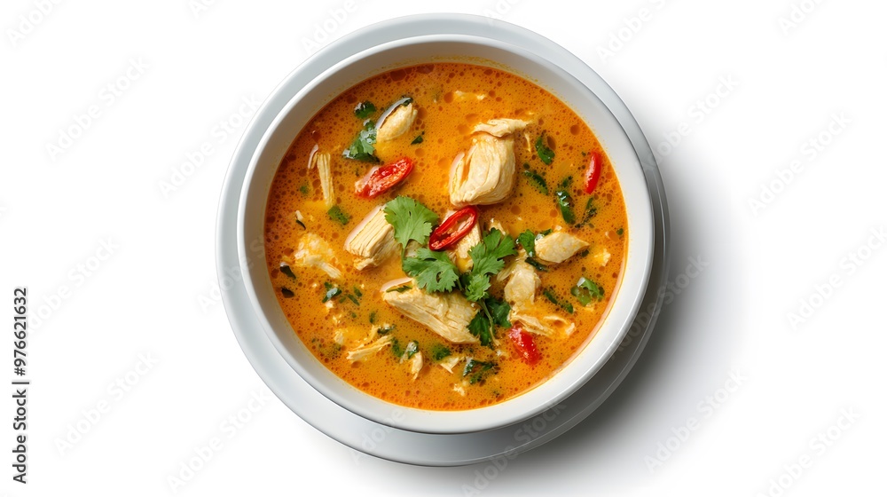 Spicy thai coconut chicken soup with red chilies and cilantro garnish Spicy thai coconut chicken soup with red chilies and cilantro garnish